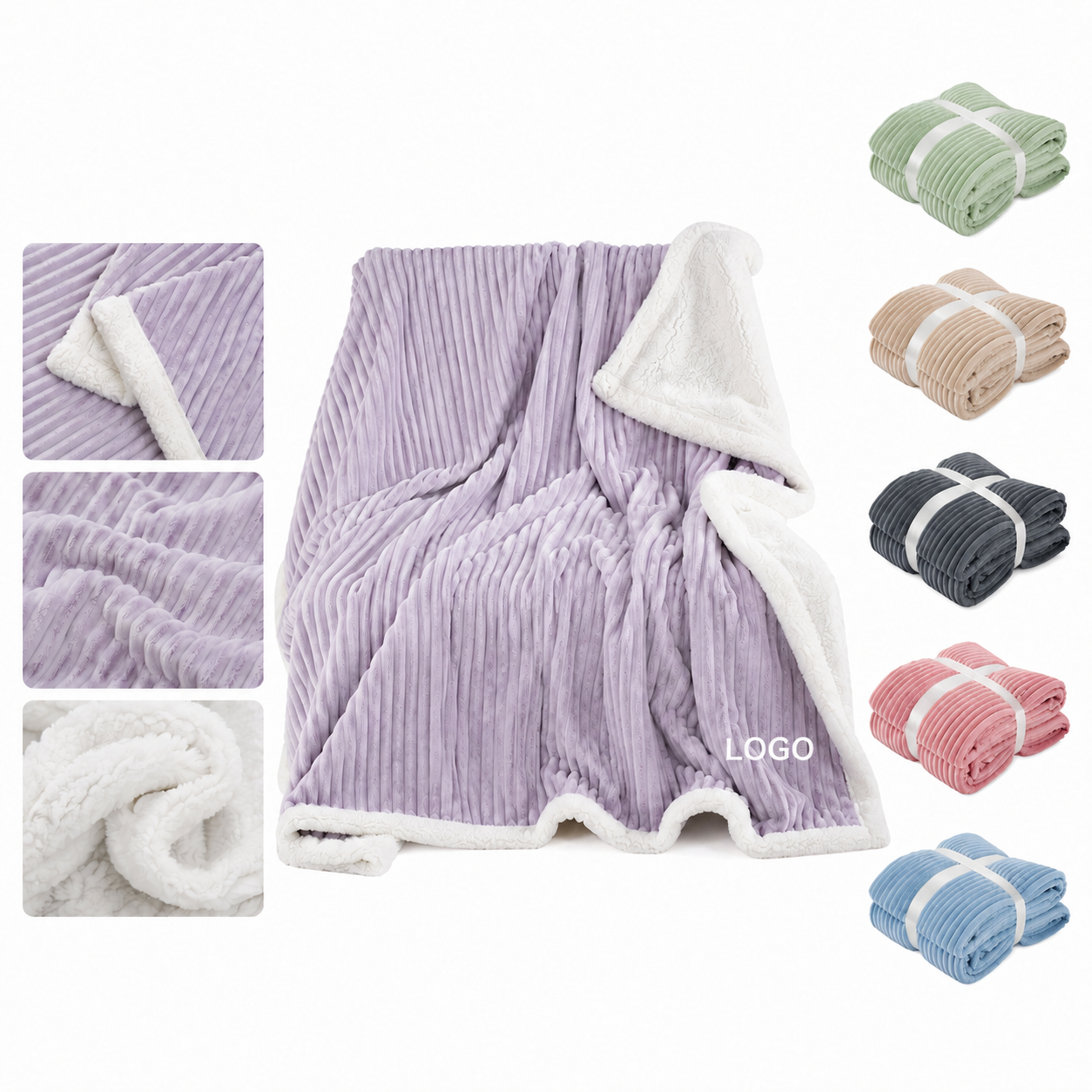 Dual-Layer Ribbed Flannel and Sherpa Fleece Throw Blanket 40